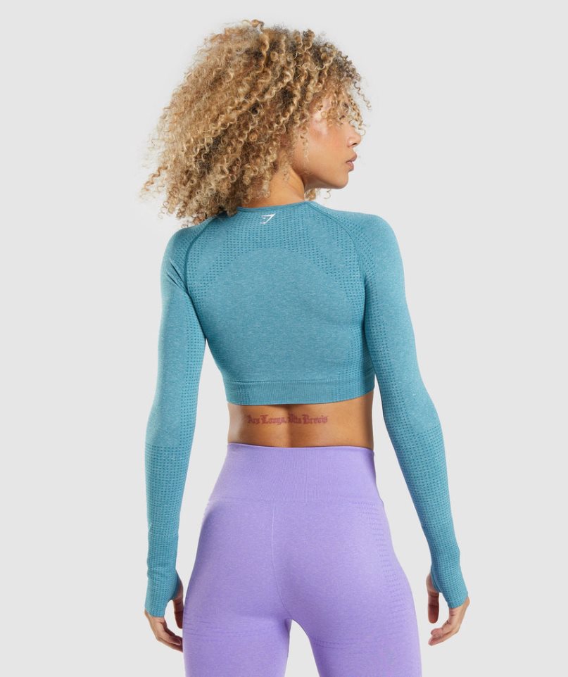 Women's Gymshark Vital Seamless 2.0 Long Sleeve Cropped Tops Turquoise | NZ 4YCEZP